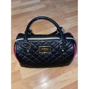 Betsey Johnson Black Quilted Satchel Bowler Bag Hot Pink Piping Graffiti Lining